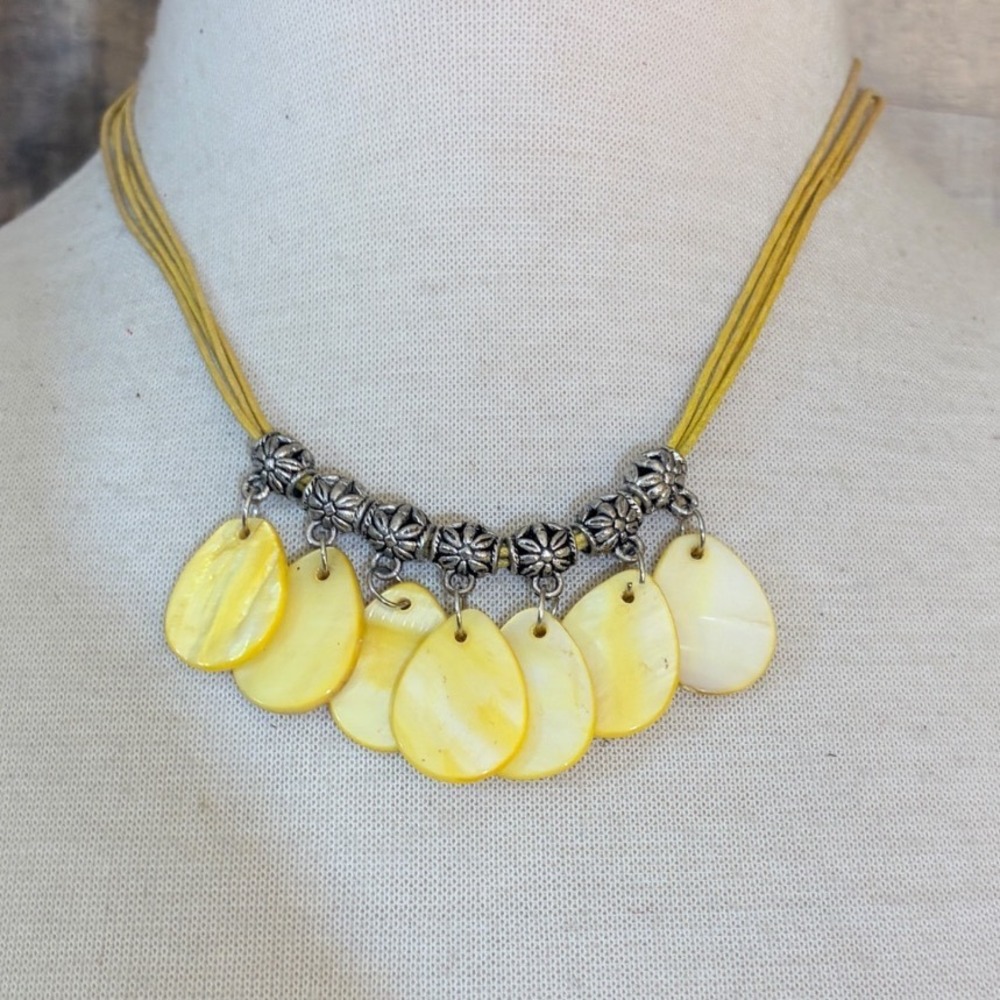 Yellow Shell Teardrop Multi Strand Cord Necklace Silver Tone Floral Beads Boho